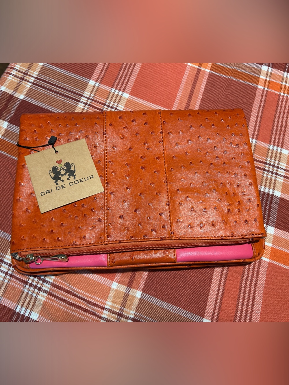 Cri De Coeur Orange FEAUX Ostrich -Texture Zip Bag with Pink Details